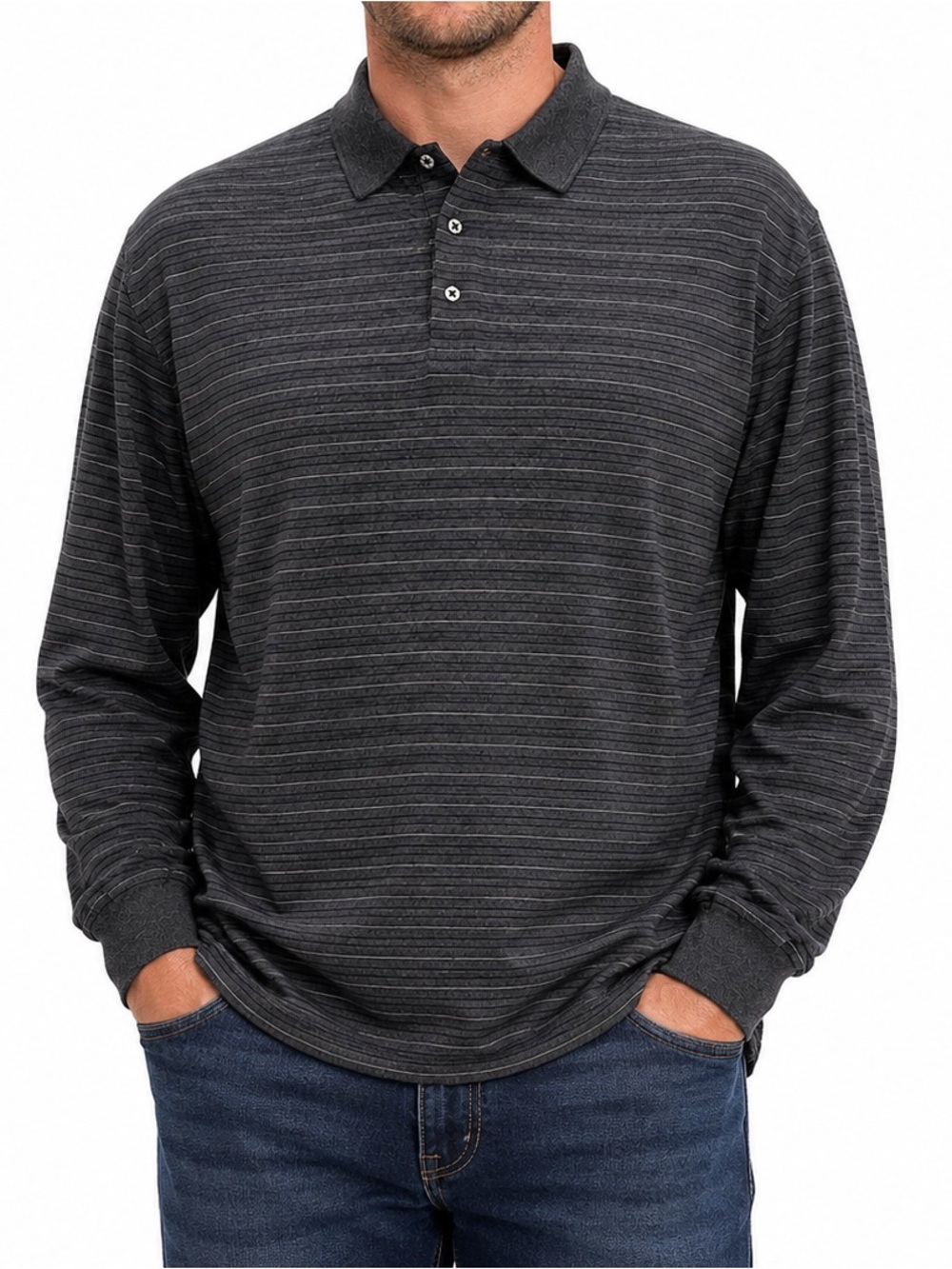 Vintage Polo Ralph Lauren Men’s XL Black Gray Striped Pima Cotton Long Sleeve Po